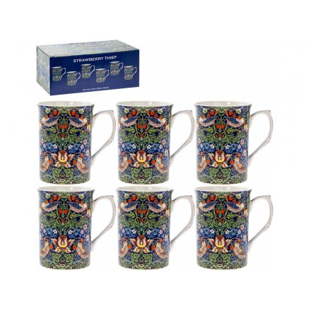 Blue Strawberry Thief William Morris Mugs, Set Of 6