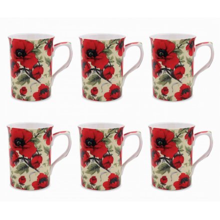 Red Poppy Print China Mugs, Set Of 6