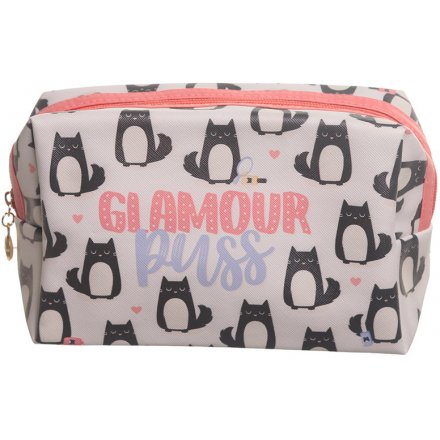Keep a hold of all your favorite makeup items in one safe place when travelling with this quirky 'Glamour Puss' bag
