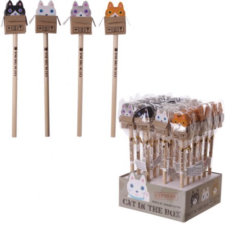 A fun feline themed assortment of pencils topped with cute kitties in boxes styled erasers