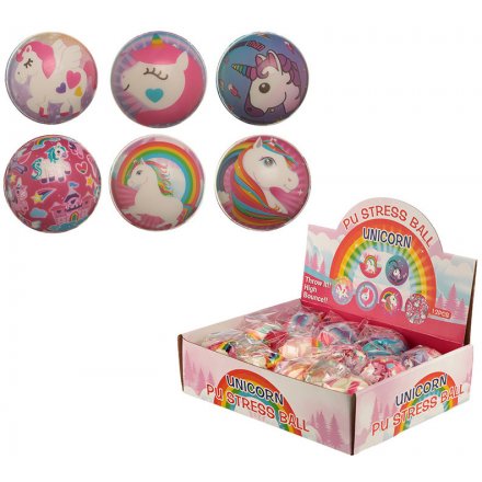 A soft and squishy foam ball covered in pretty pink unicorn patterns