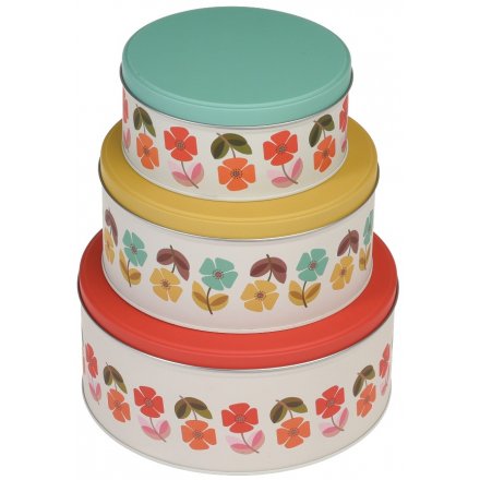 Part of our new Mid Century Poppy range is this charmingly colourful set of metal nesting tins 