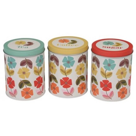 Add a splash of summer to you kitchenware with this assortment of colourfully printed Tea, Coffee and Sugar cannisters