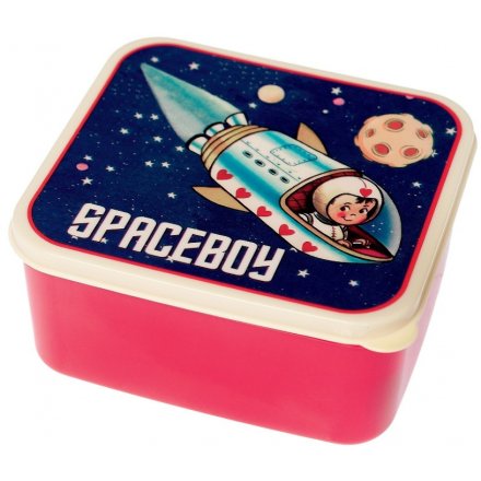 A fun and retro inspired children lunch box in a red tone with a easy push on Spaceboy decorated lid 