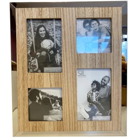  A chic natural wooden picture frame complete with a silver mirrored edge effect and 4 space design