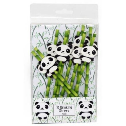  A pack of 10 paper straws in a bamboo design, perfectly topped with a decorative panda 