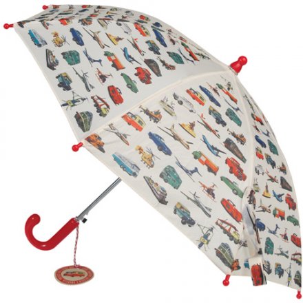 A charming vintage transport design umbrella with a red plastic handle and top.