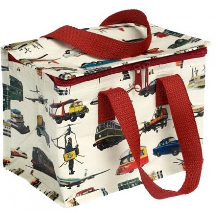 Perfect for lunch on the go! A vintage transport design foil-insulated lunch bag/cool bag with zip closure and carrying 