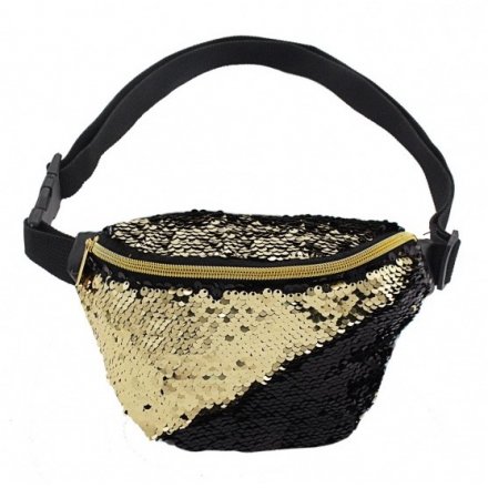 Reversible Sequin Bum Bag - Black/Gold 20cm