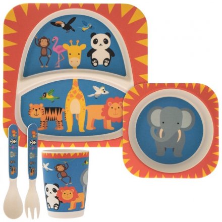  Covered in little zoo animals, this red, blue and yellow toned dinner set for children will be sure to make meal time f