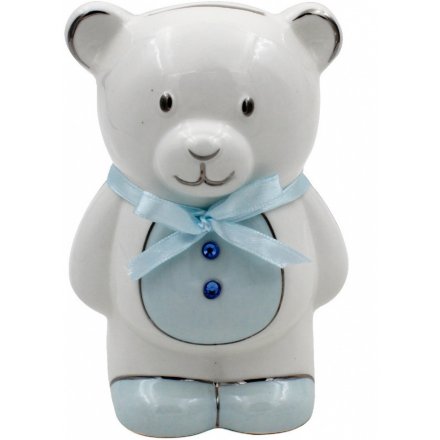 Blue Ceramic Teddy Bear Money Bank 13cm