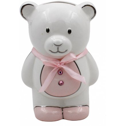 Pink Ceramic Teddy Bear Money Bank 13cm