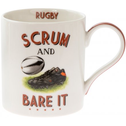  A quirky and comical fine china mug set with a Rugby illustration and humorous 'Scrum and Bare It' text 