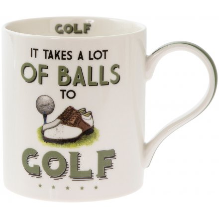   A quirky and comical fine china mug set with a Golding illustration and humorous 'It takes alot of balls to golf' text