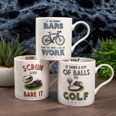   A quirky and comical fine china mug set with a biking illustration and humorous text