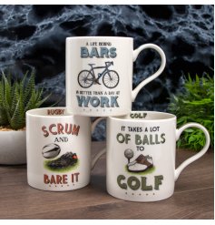   A quirky and comical fine china mug set with a biking illustration and humorous text