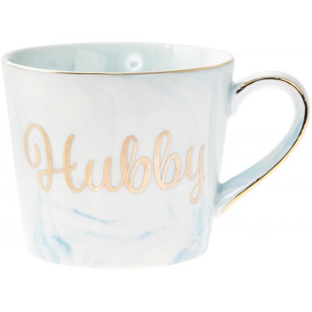  A beautifully designed Fine China Mug, perfectly set with a light blue marble effect glaze and added gold script 'Hubby