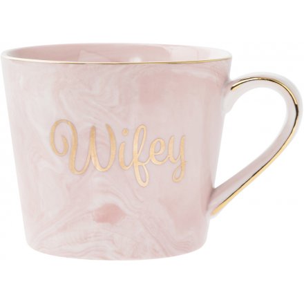  A beautifully designed Fine China Mug, perfectly set with a pink marble effect glaze and added gold script 'Wifey' tag 