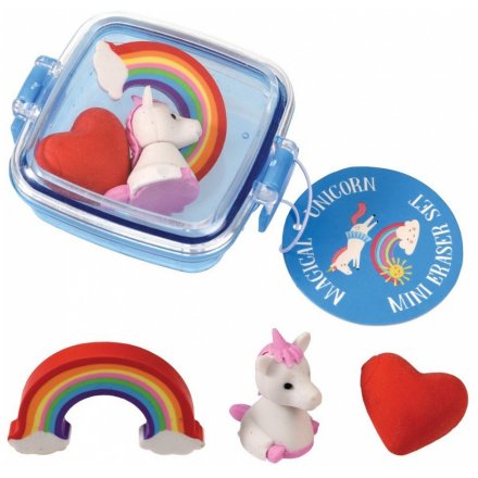  A charming little plastic clip box filled with an assortment of 3x fun shaped erasers