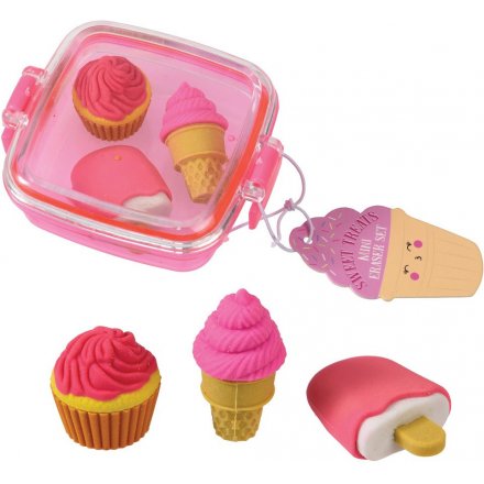  A charming little plastic clip box filled with an assortment of 3x fun shaped erasers