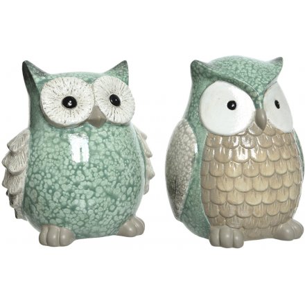 Green/Mink Terracotta Owl Ornaments, 11cm 