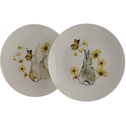 A mix of 2 charming sunflower, butterfly and bunny design plates. A pretty tableware item and decorative plate.