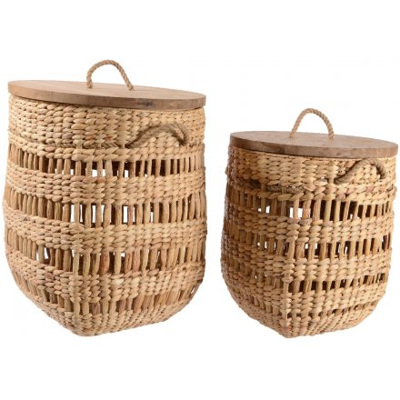 Woven Effect Baskets With Wooden Lids, Set of 2, 55cm