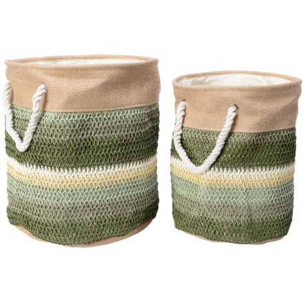 Set of 2 Green Tone Woven Baskets 40cm