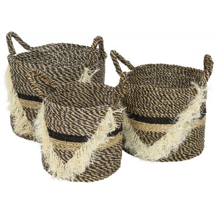 Woven Seagrass Baskets With Handles Set of 3 43cm