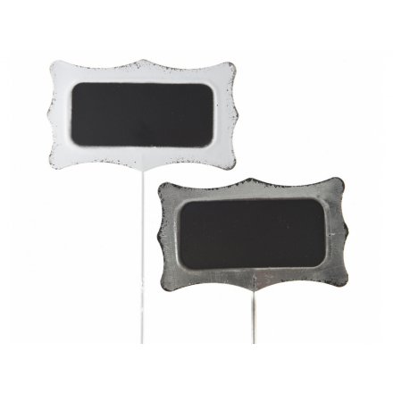 Label up with this assortment of 2 rustic metal chalkboard signs in grey and white designs.