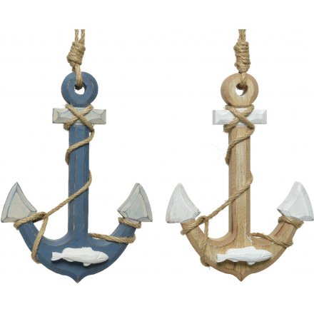 An assortment of 2 hanging anchor decorations with chunky rope decoration and wooden fish.