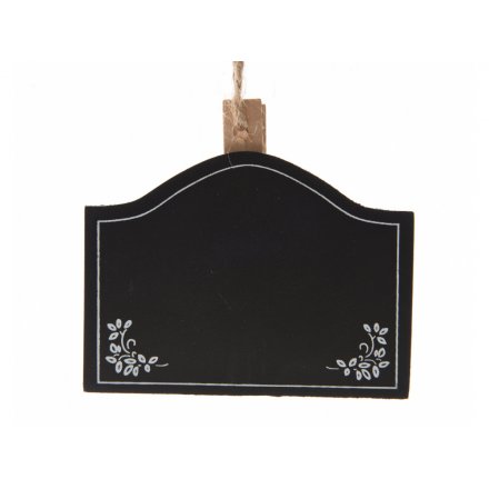 A pack of miniature blackboards with a floral chalk design on pegs. Complete with jute string for hanging.
