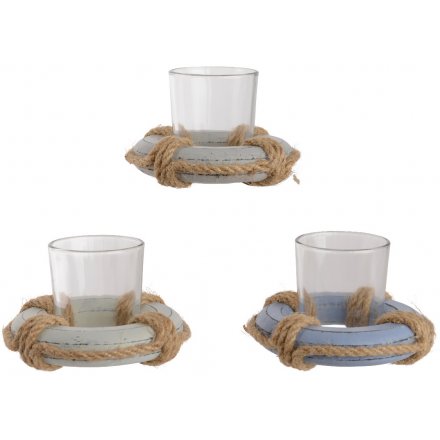  Set with their Grey, Off White and Blue tones, these charming decorative candle holders are finished with a chunky rope