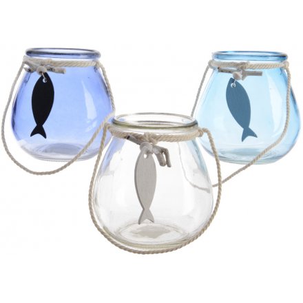 Blue Toned Glass Candle Holders 10cm