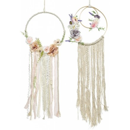 An assortment of 2 beautiful macrame style wall hangings with textured ribbon and artificial flowers