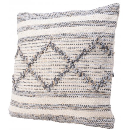 A chic cotton cushion with a woven pattern in blue, yellow and natural threads.