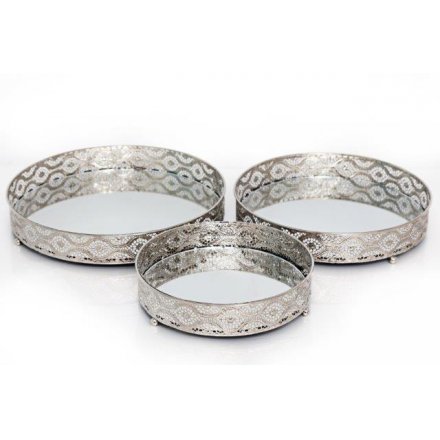 S/3 Silver Mirror Candle Plates