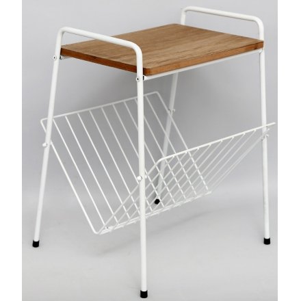Wire Magazine Rack With Wooden Top 45cm