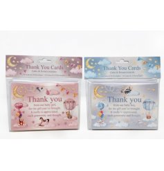 A mix of 2 baby boy and baby girl thank you cards in pink and blue designs with wonderful children's illustrations.