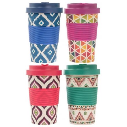  A stylish assortment of printed bamboo travel mugs, each set with its own design and colour coordinating lid 