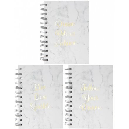 White Marble Slogan Notebooks - 3assort