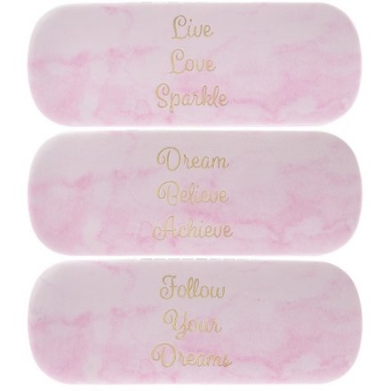  A sleek and stylish assortment of pink marble printed glasses cases, each set with its own golden embossed text 