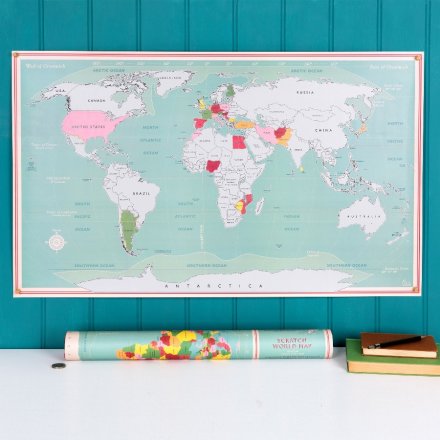 Keep track of your travels and scratch off where youve been with this fun and colourful World Map Scratch Poster 