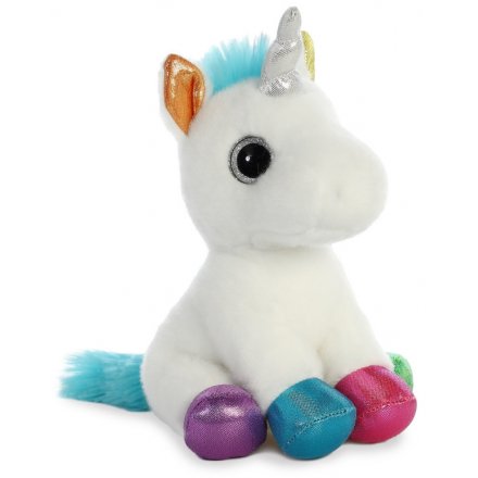  A magical little Unicorn soft toy, decorated with colourfully sparkling hooves and shimmering silver eyes 