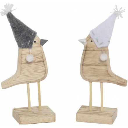 Grey Woolly Hat Wooden Birds 