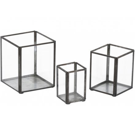 Set of 3 Square Glass Candle Holders