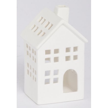 White Porcelain House Tlight Holder, 12cm