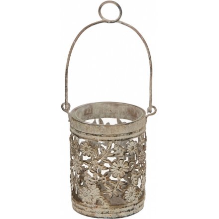 Rustic Grey Floral Cut Candle Holder 