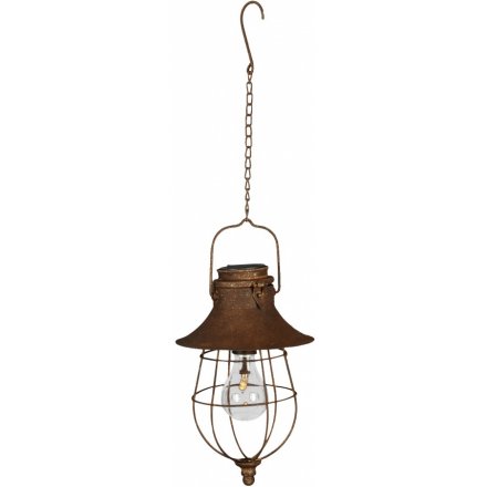 An antique style solar lamp with a rustic metal finish. Complete with metal chain and hook to hang.