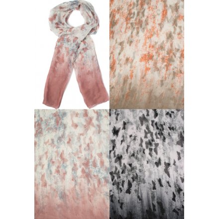 A mix of 3 pretty butterfly print scarves in neutral colours. A chic gift item and stylish fashion accessory.